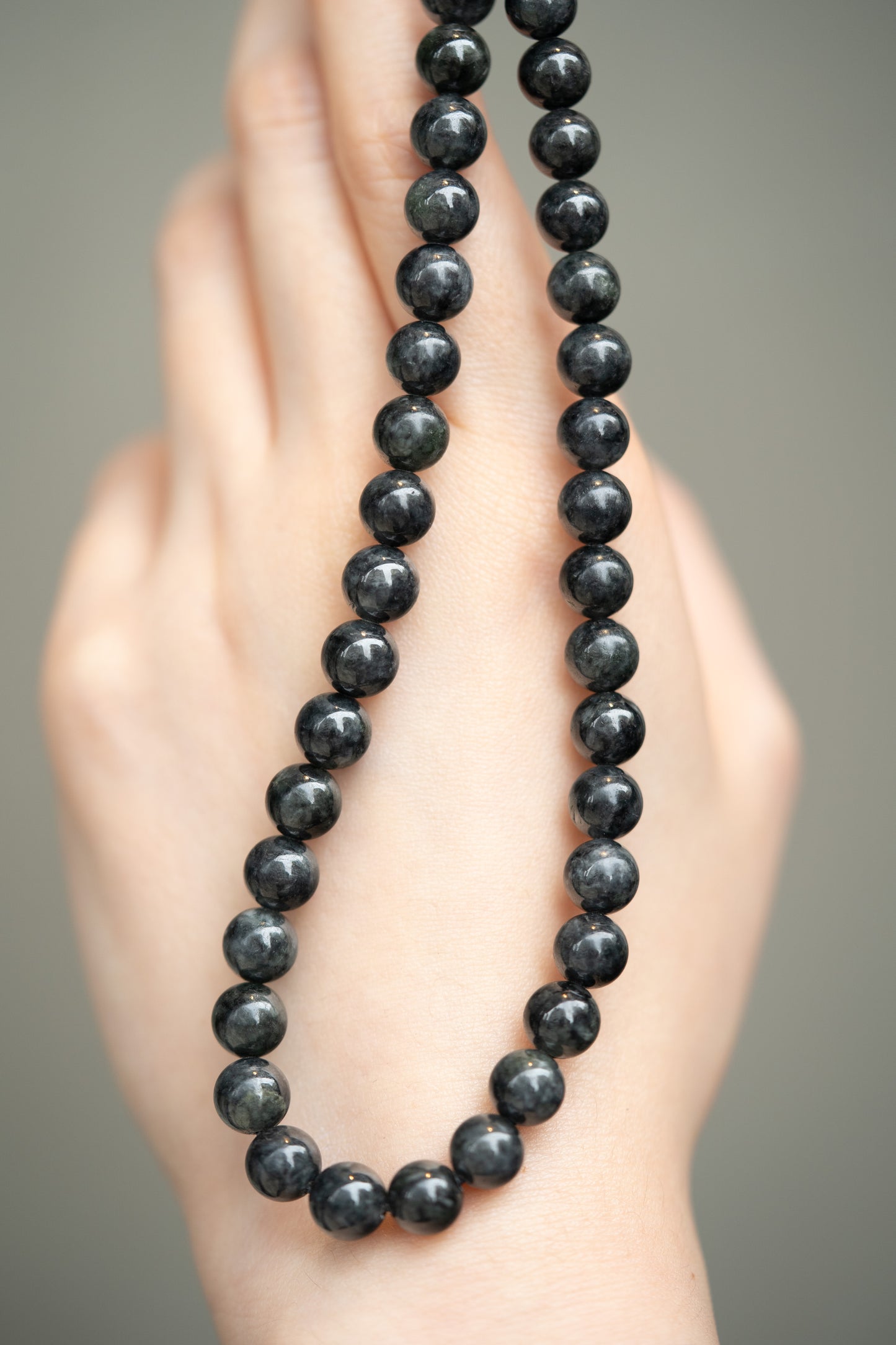 Black Jadeite Bead Necklace with Grey patches
