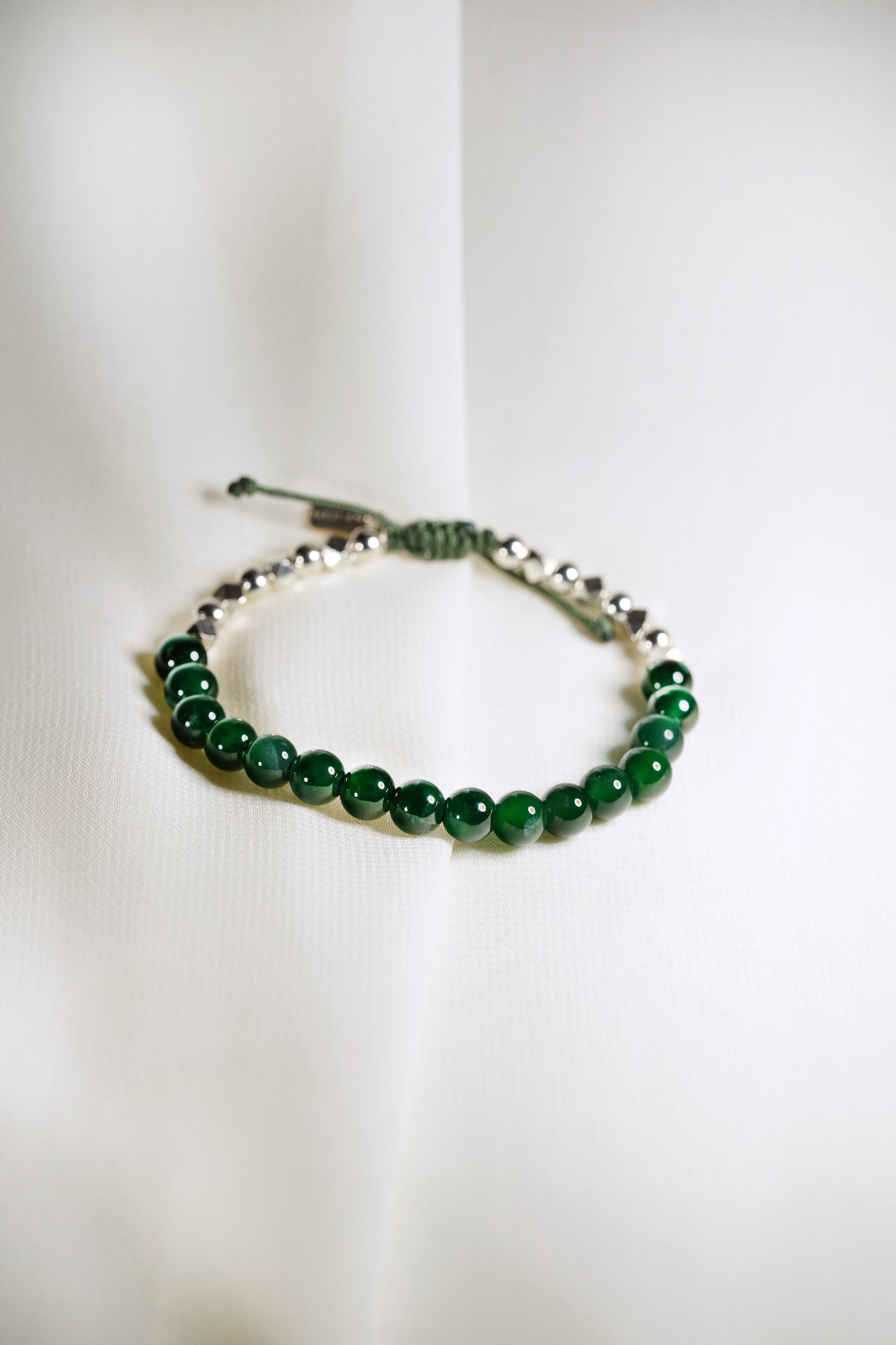 Deep Green Jadeite Bead with Dark Green Patches and 925 Silver Nuggets Bracelet