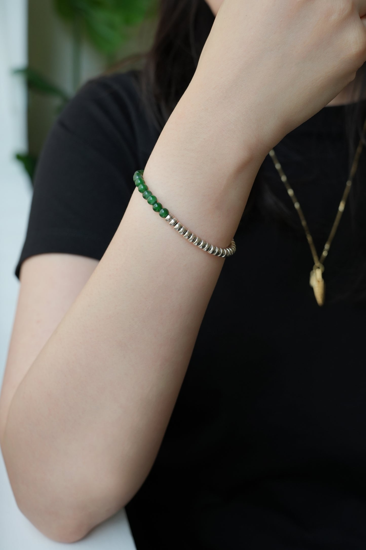 Bead Bracelet - Green Jadeite Beads & 925 Silver Nuggets - #09