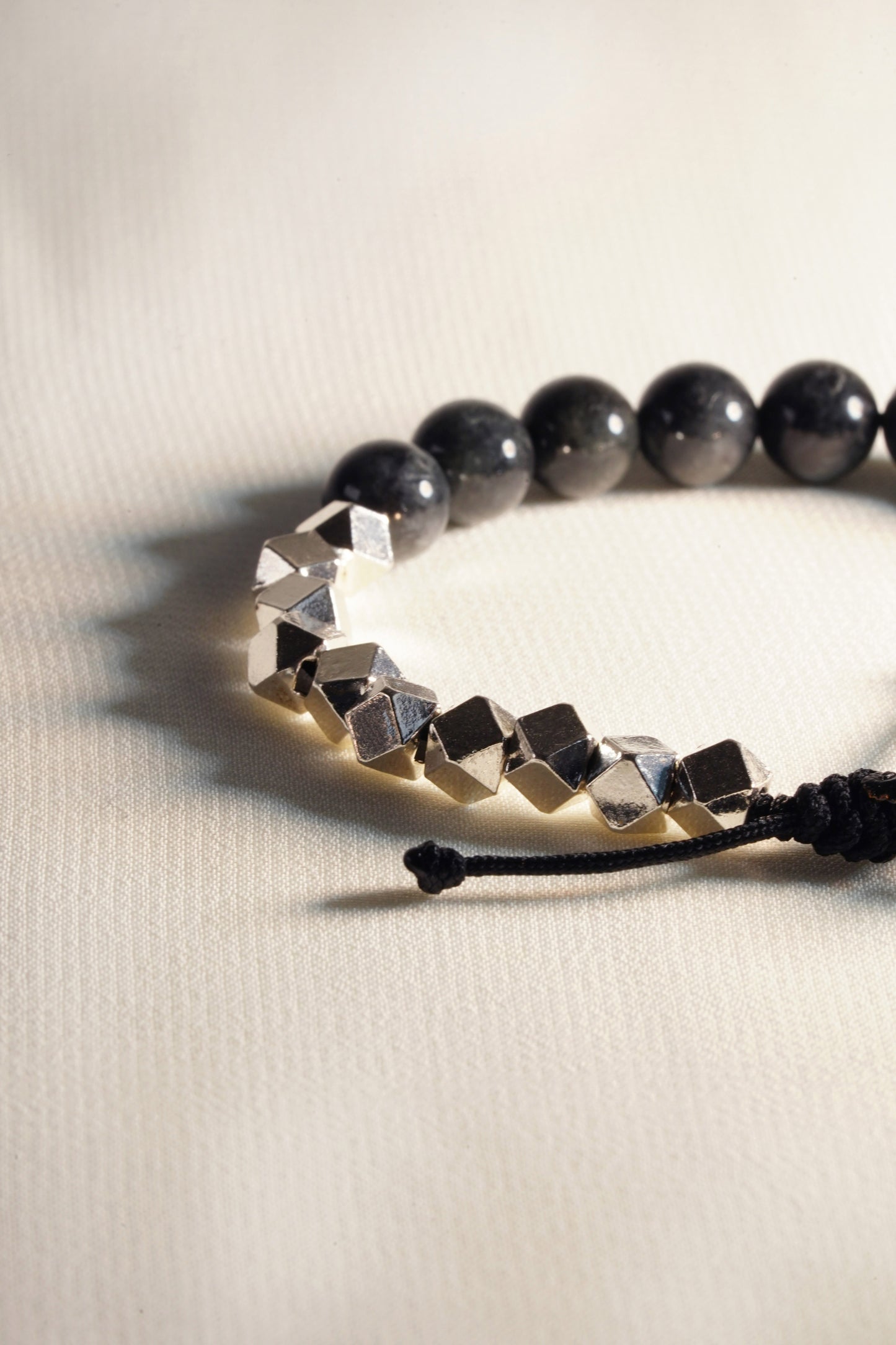 Black Jadeite Beads with White patches and 925 Silver Nuggets Bracelet