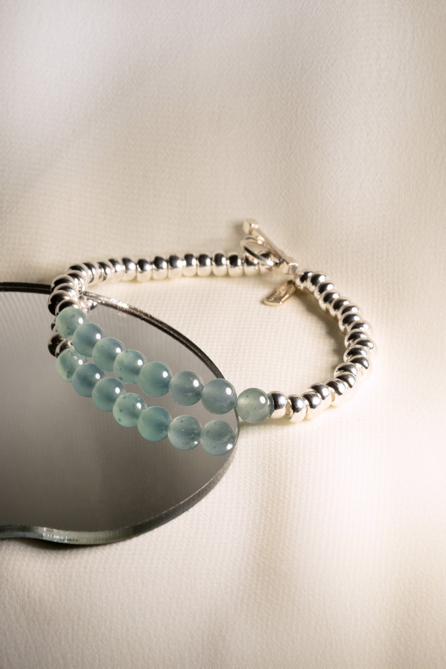 Bluish Green Jadeite with 925 Silver Nuggets Bracelet