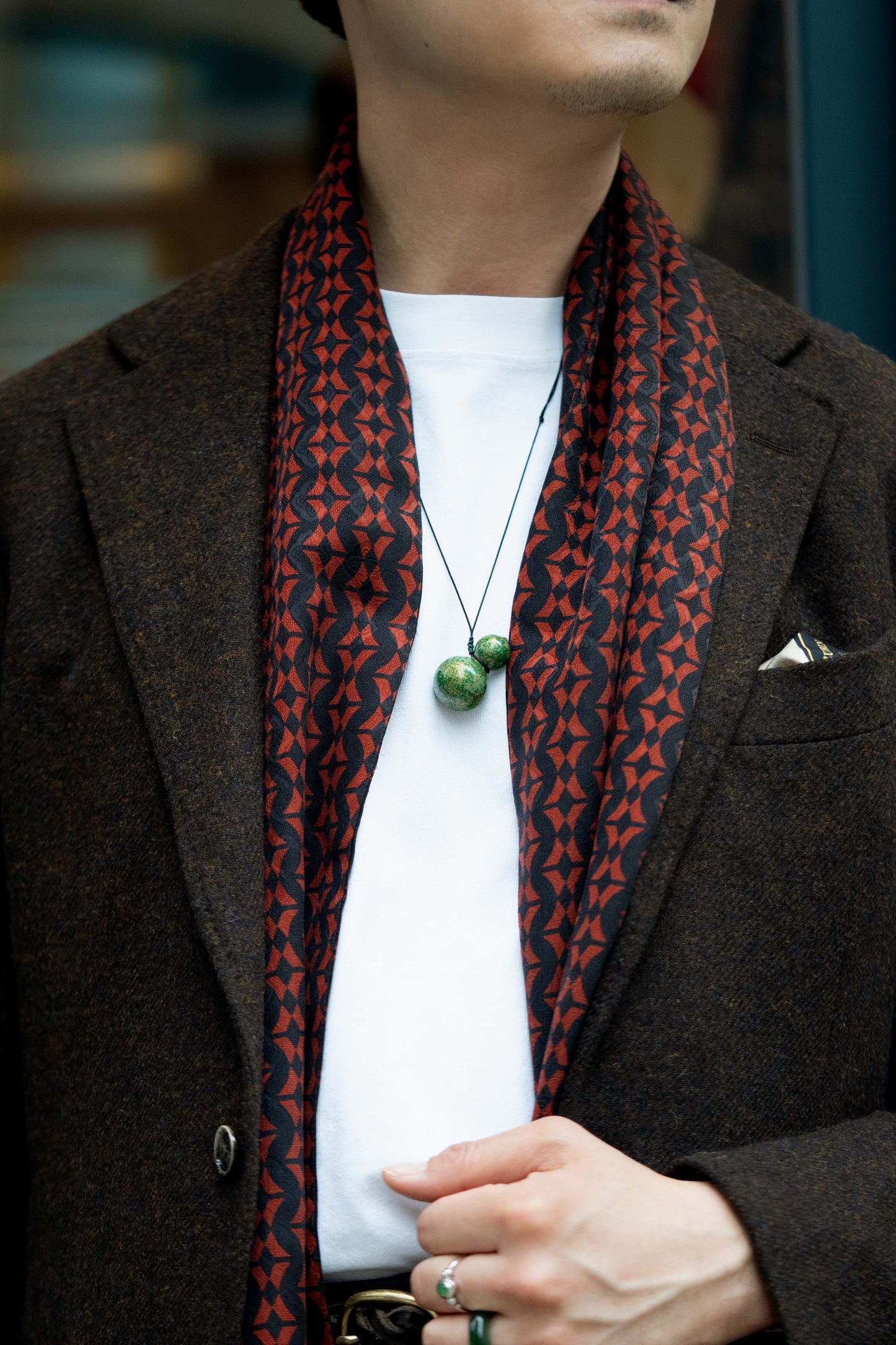 Green Multicolored Lacquer Wulu Pendant matches with Green and Orange Motif Silk Scarf