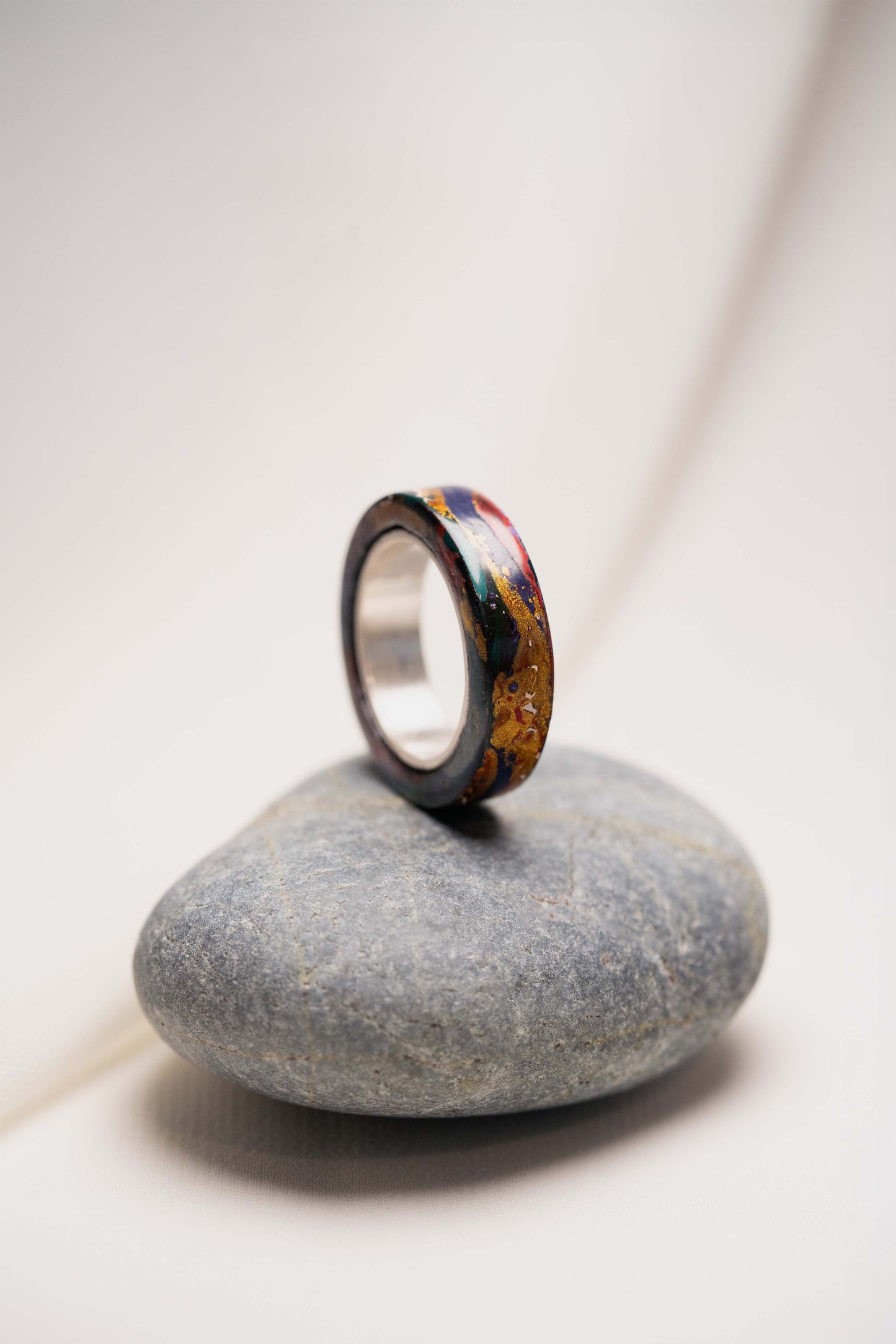 Black with Gold Lacquer Ring with Red and Purple and 925 Silver