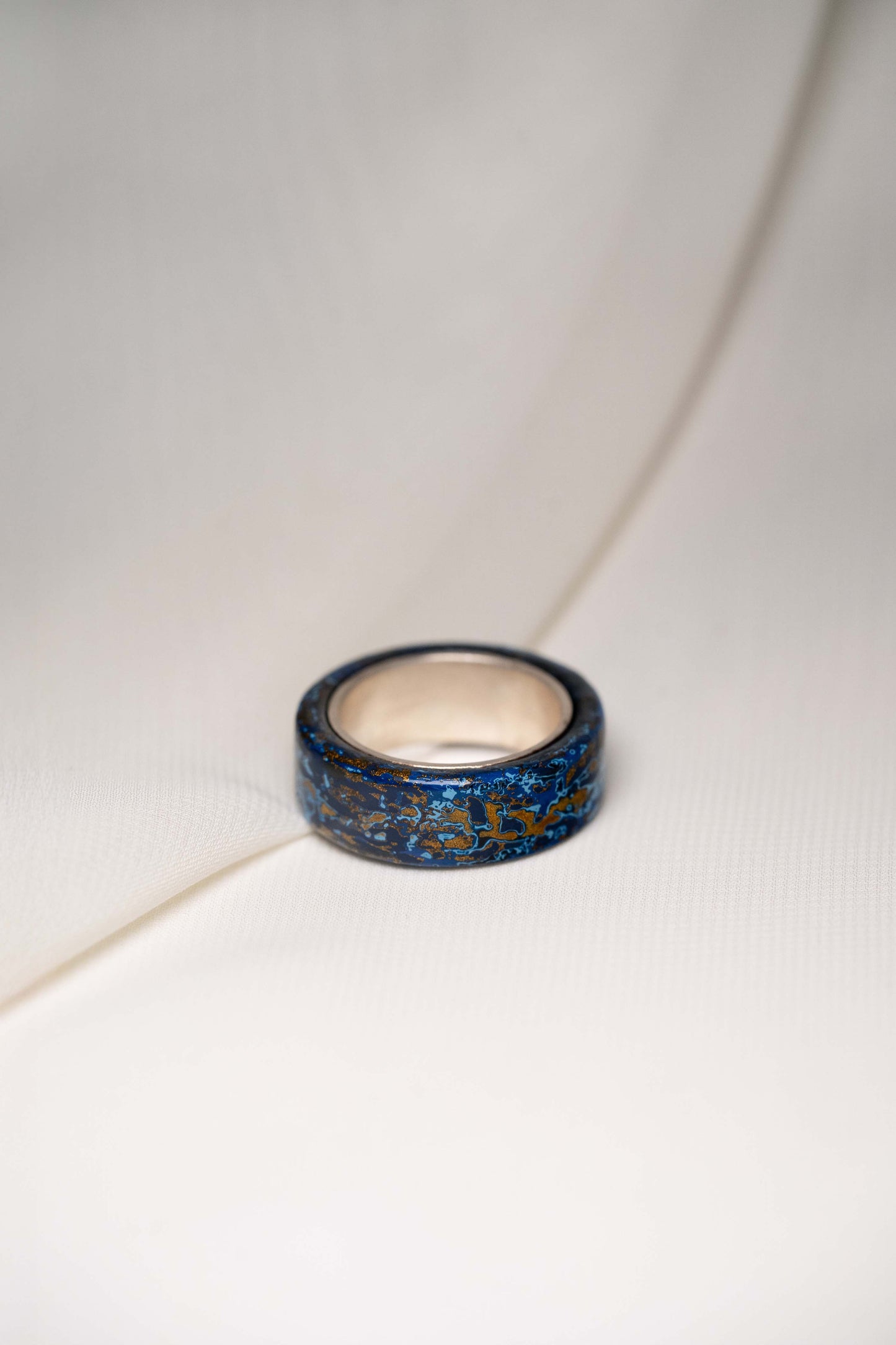 Blue with Light Blue and Gold Lacquer Ring with 925 Silver