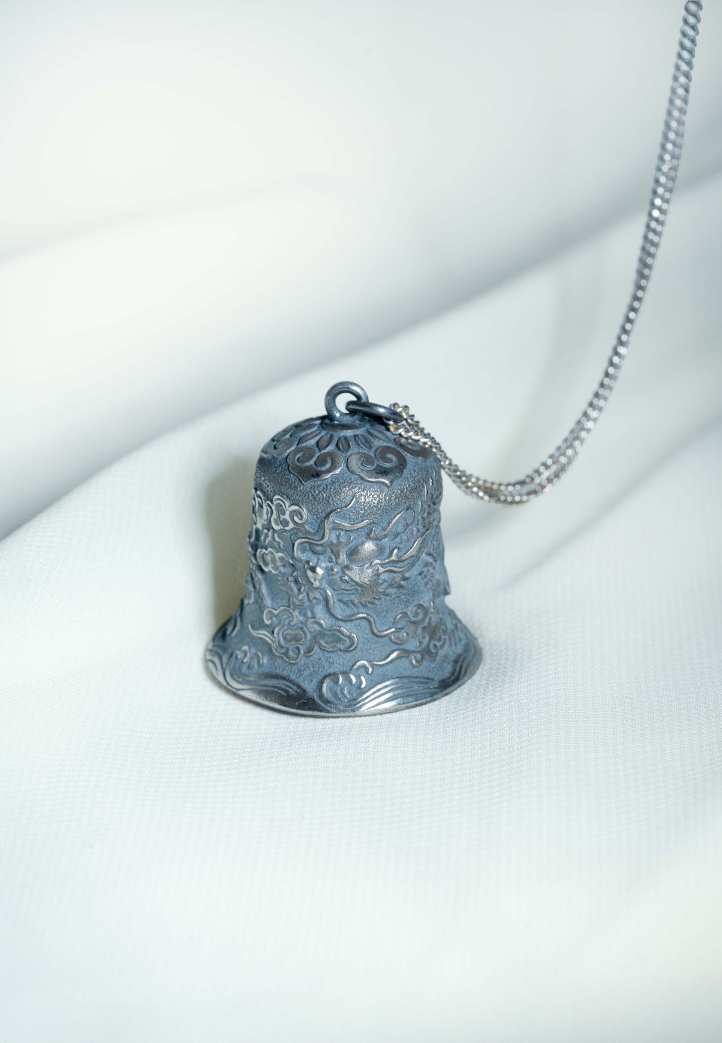 Sterling Silver Bell Pendant with Dragon Engraving in Large size hung on a 925 Silver Chain