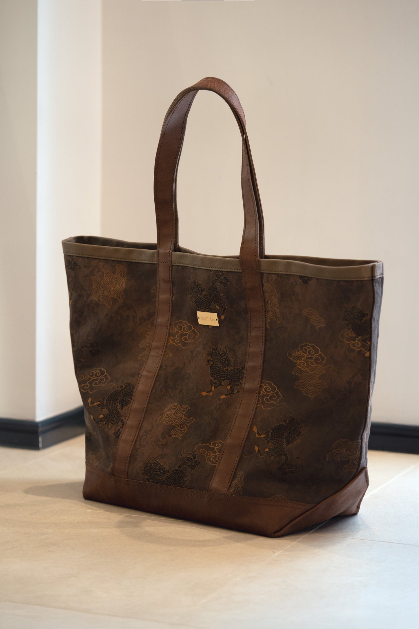 Flow Silk Tote in Qilin print with cloud and fan motifs, canvas lining and side pockets