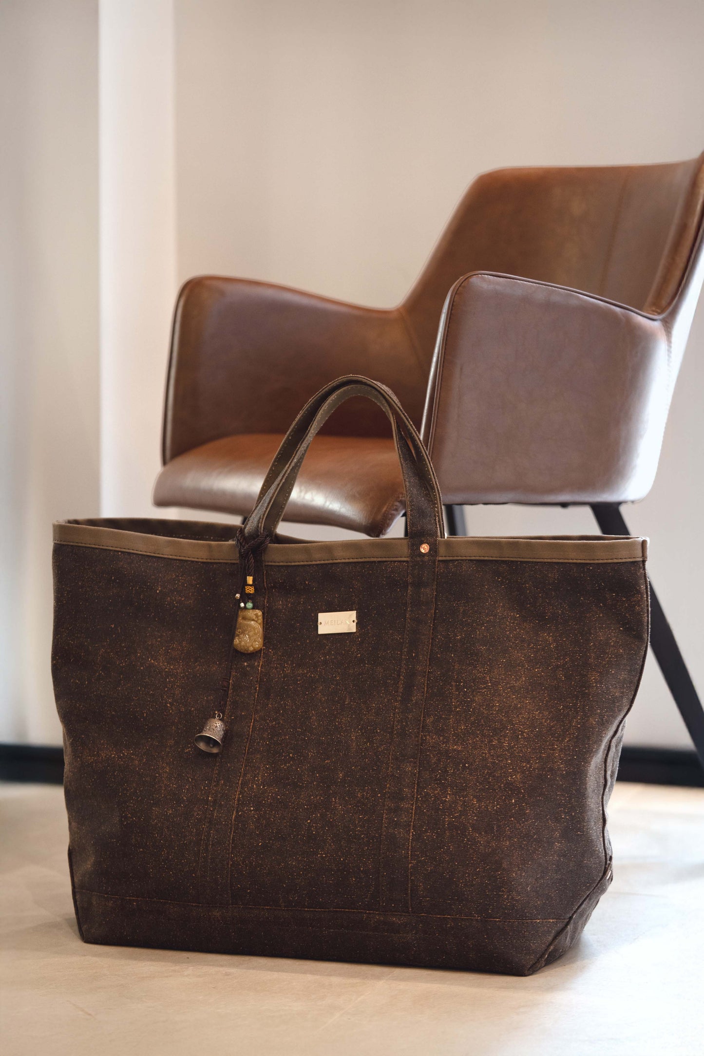 Extra Large Brown Mud Silk Tote Bag with Yellow Jadeite and Silver Bell