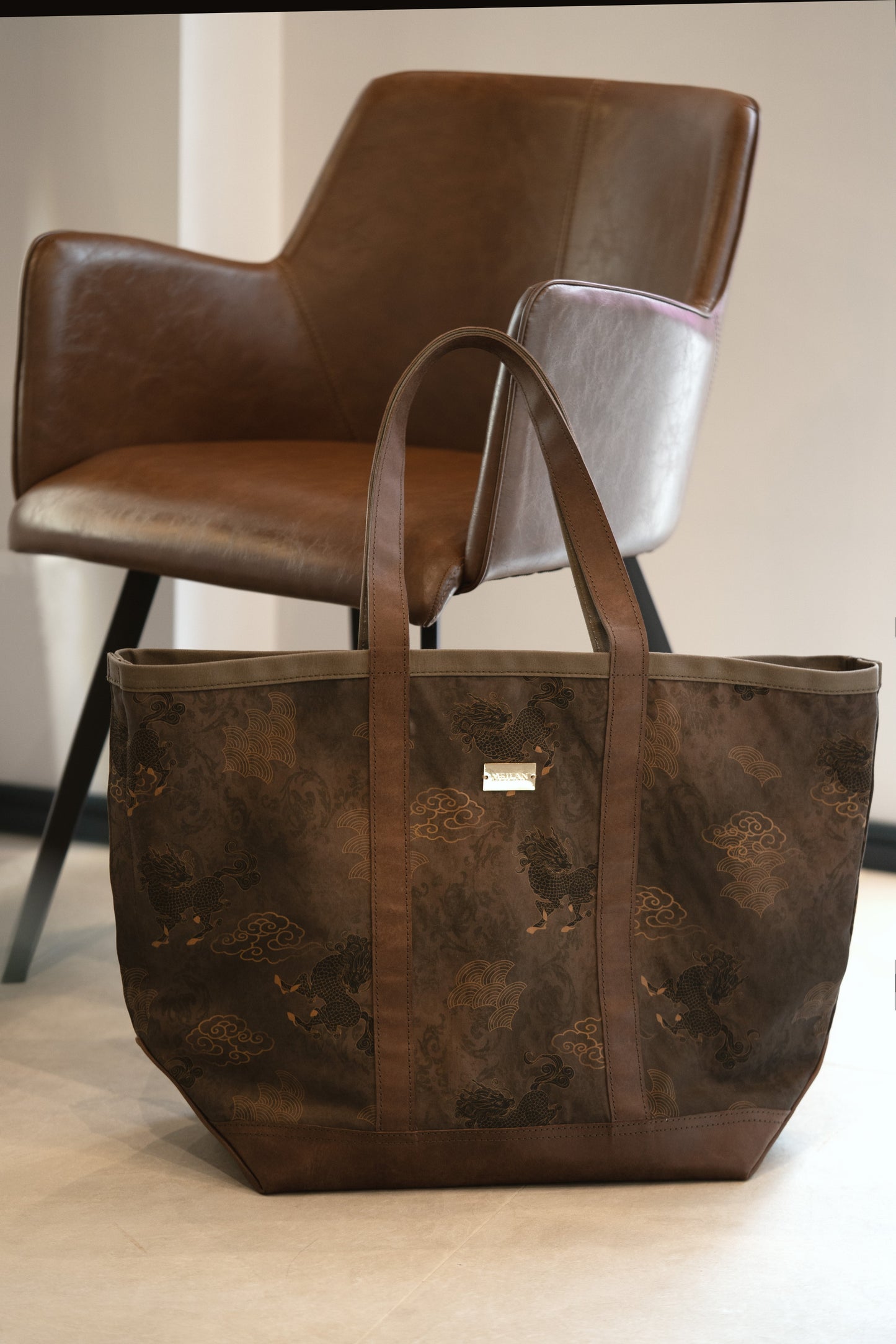 Flow Silk Tote in Qilin print with cloud and fan motifs, canvas lining and side pockets