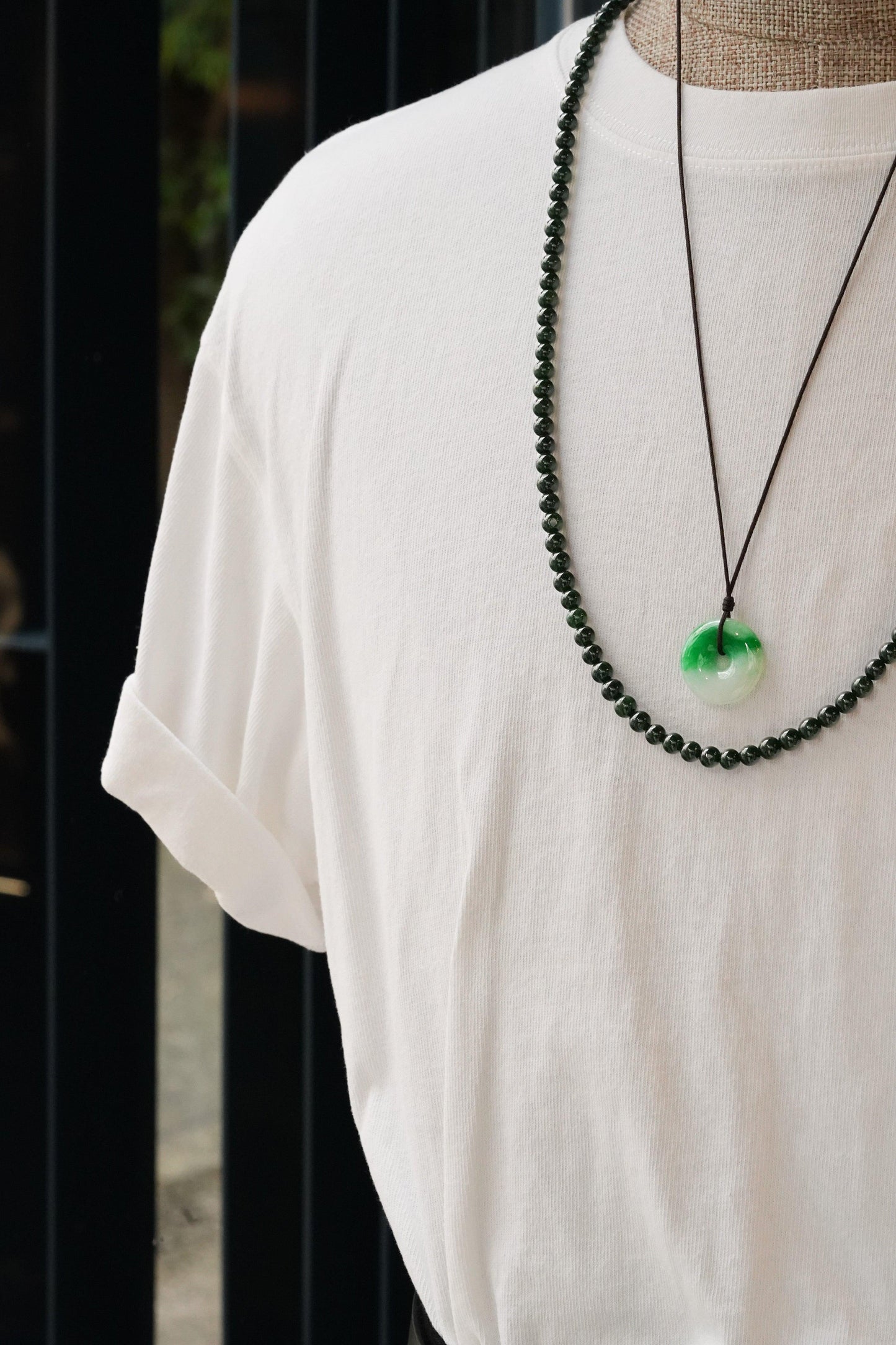 White Jadeite Zen Doughnut with Green patches - Meilan Jewelry & Arts Ltd