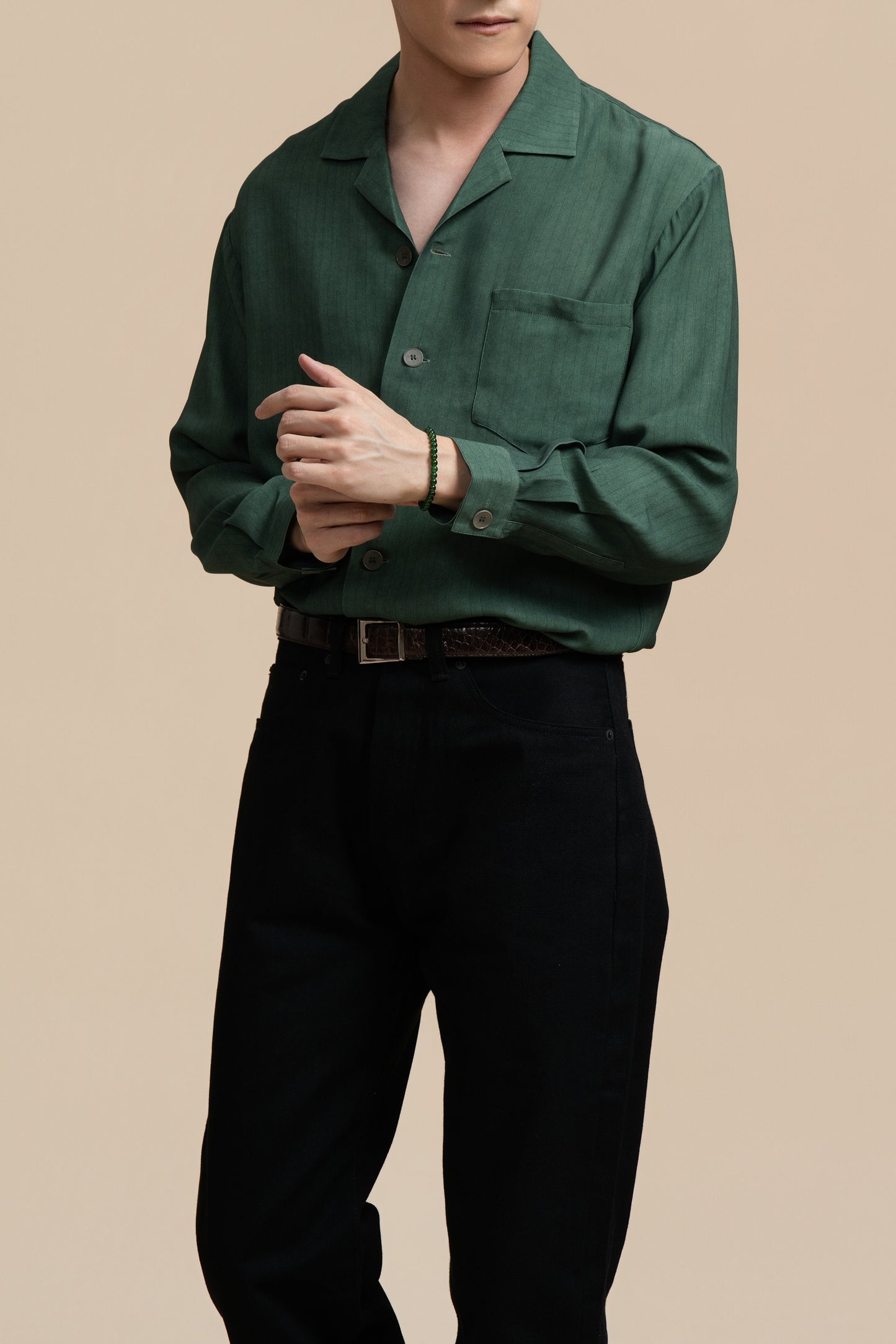 Pure Silk Long Sleeve Shirt - Striped Green