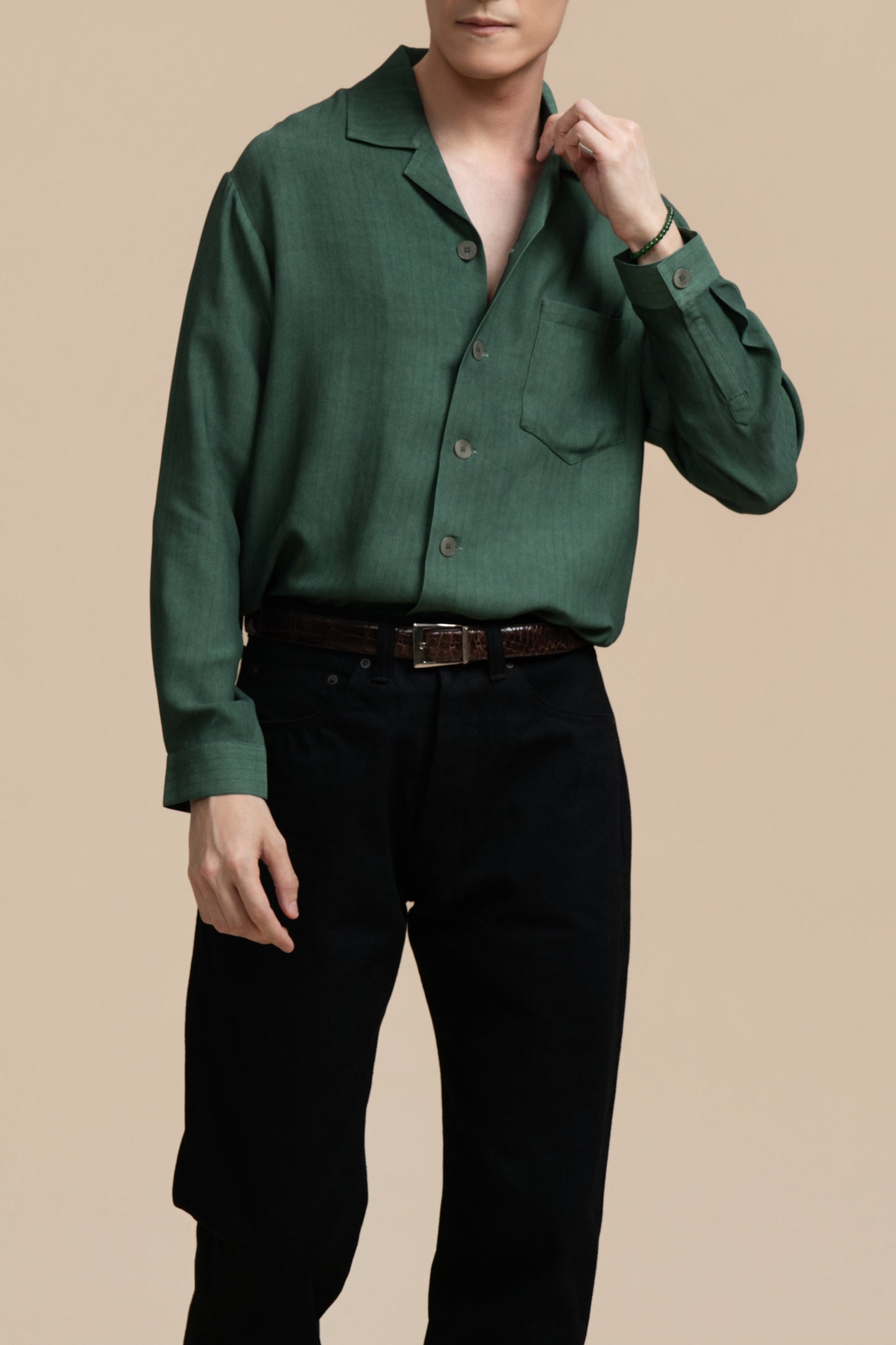 Pure Silk Long Sleeve Shirt - Striped Green