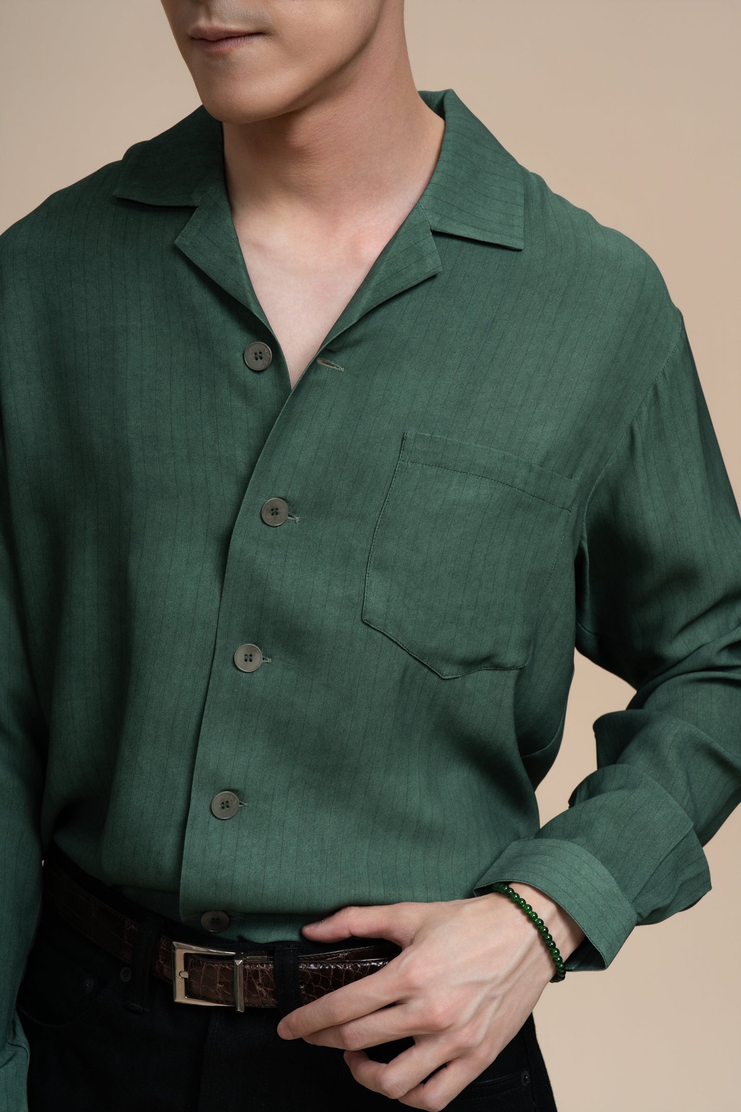 Pure Silk Long Sleeve Shirt - Striped Green