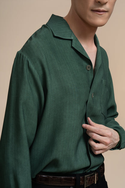 Pure Silk Long Sleeve Shirt - Striped Green