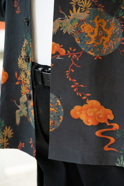 Pure Silk Shirt - Navy in Flora and Fauna