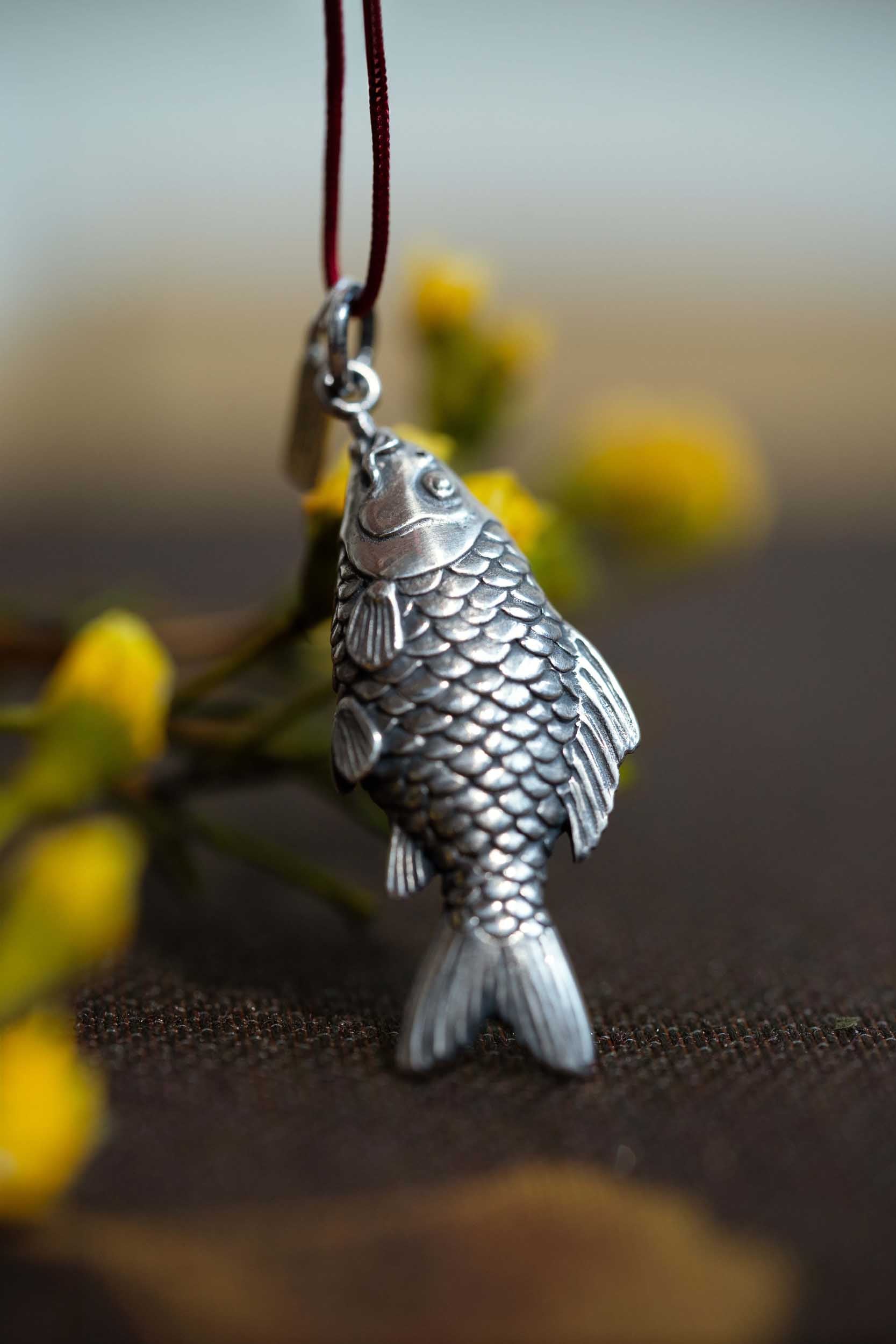 Aged Finish 925 Silver Carved Fish Pendant  with Meilan Tag