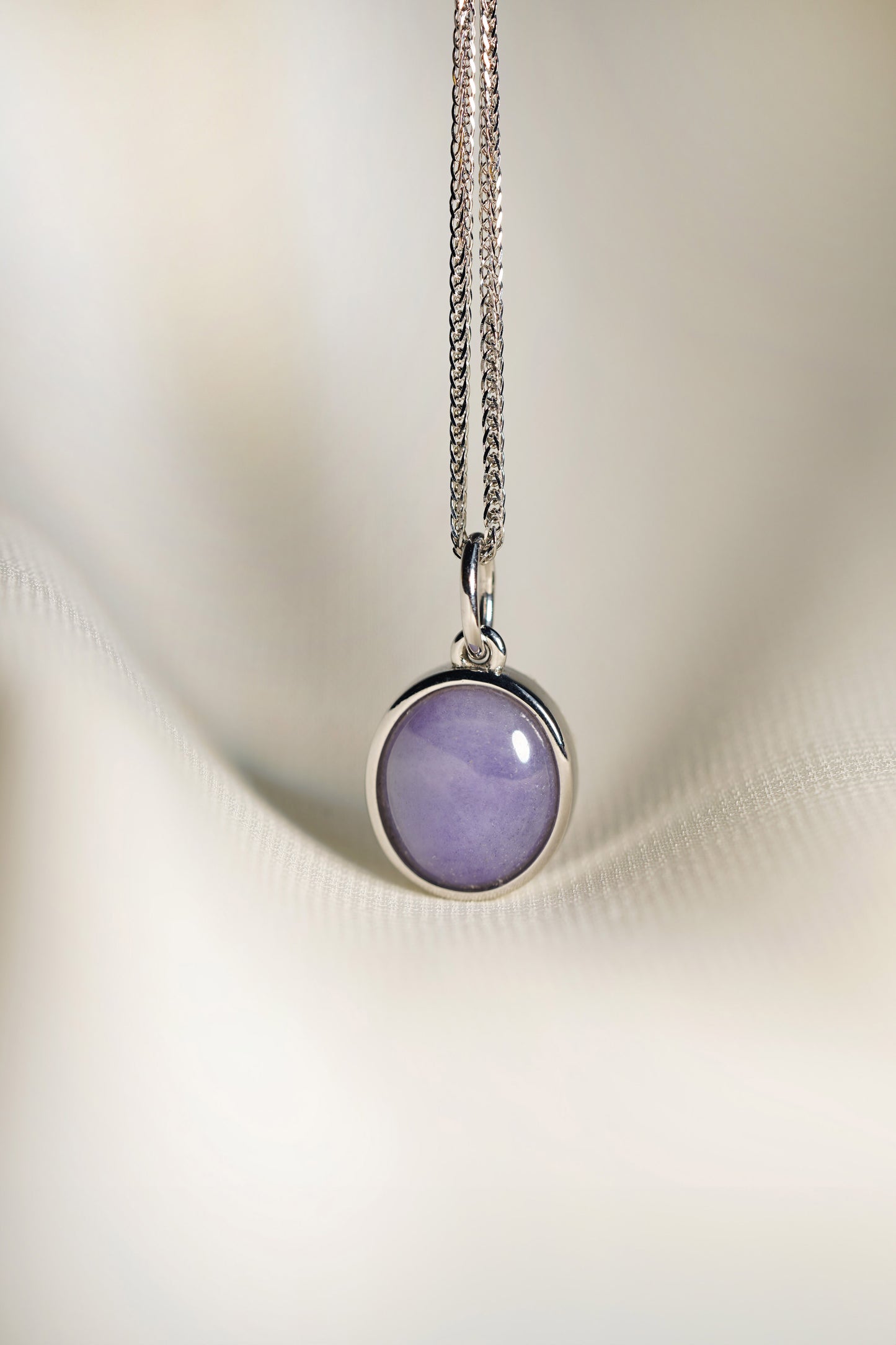 Lavender Oval Jadeite with 18K White Gold Pendant hung on a 925 Silver Chain