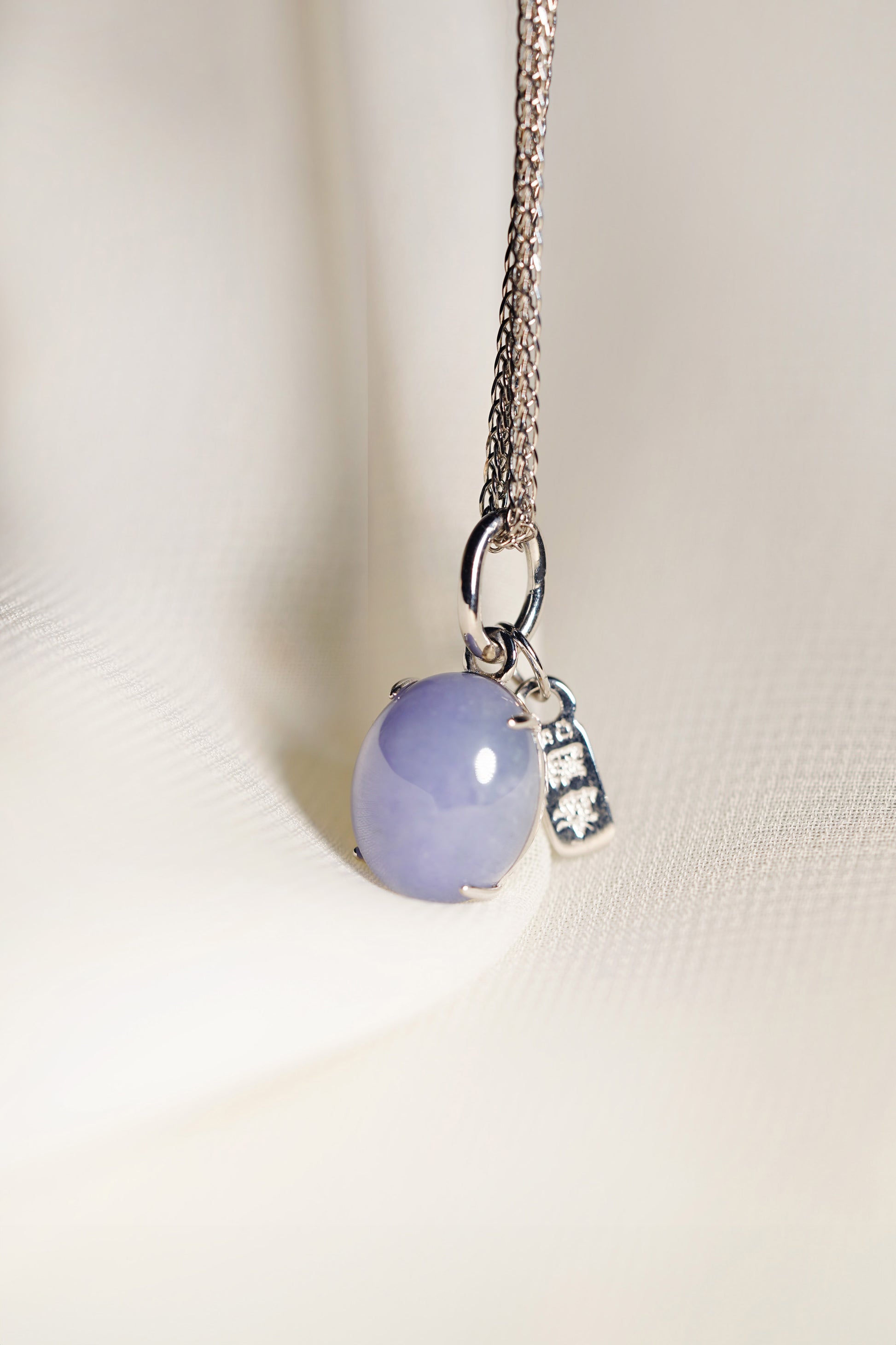 Lavender Jadeite Egg with 18K White Gold Pendant hung on a 925 Silver Chain