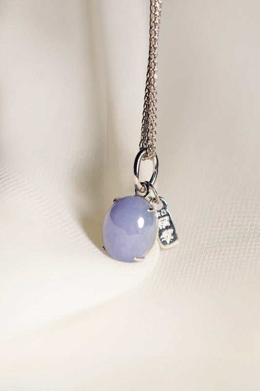 Lavender Jadeite Egg with 18K White Gold Pendant hung on a 925 Silver Chain