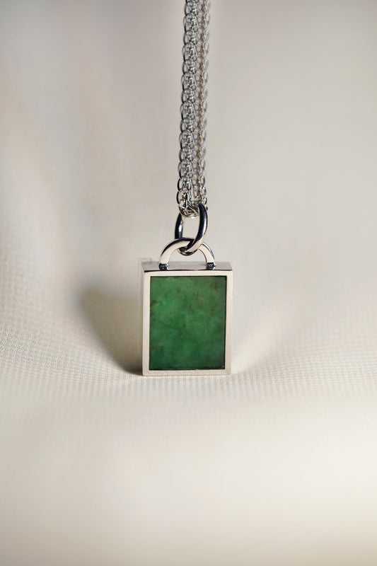 Intense Green Jadeite Tag with 18K White Gold Pendant hung on a 925 Silver Chain