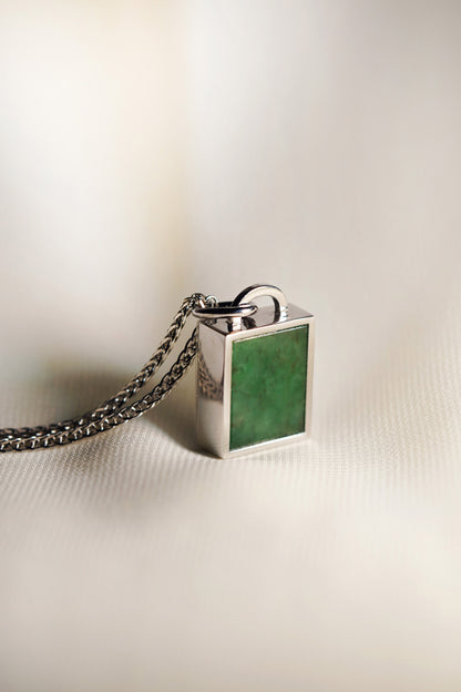Intense Green Jadeite Tag with 18K White Gold Pendant hung on a 925 Silver Chain 