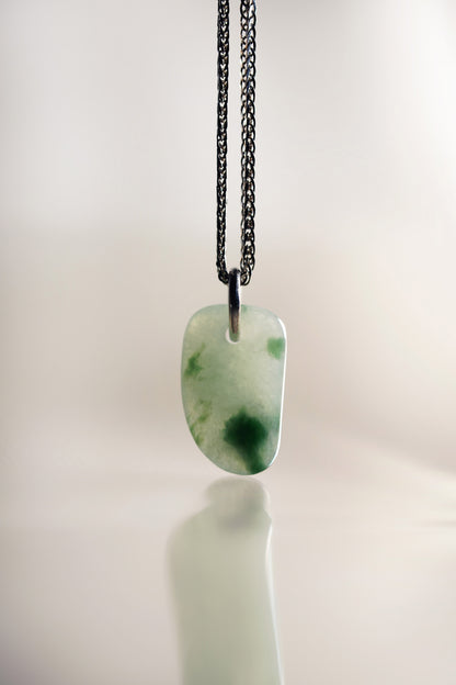 Green Jadeite with Bluish Green patches added with 18K White Gold Pendant hung on a 925 Silver Chain
