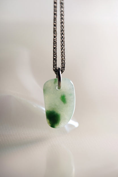 Green Jadeite with Bluish Green patches added with 18K White Gold Pendant hung on a 925 Silver Chain