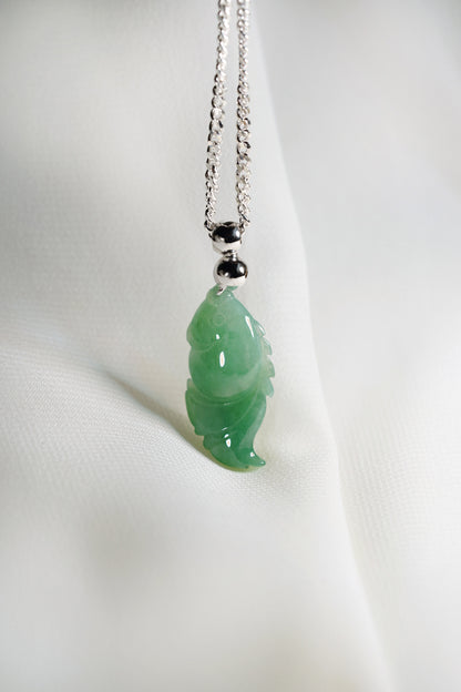 Carved Goldfish Pendant - Green Jadeite with 18K White Gold