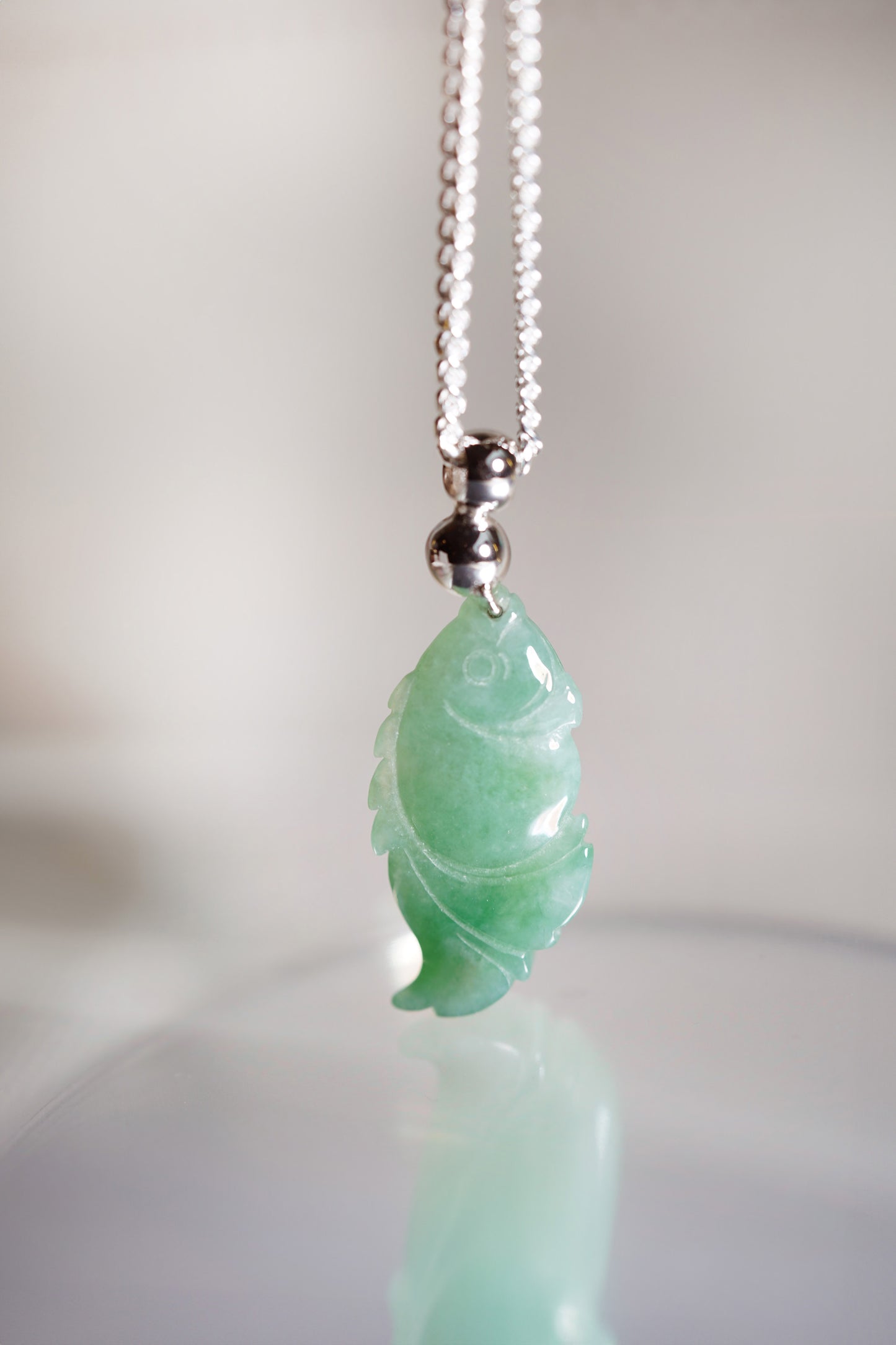 Carved Goldfish Pendant - Green Jadeite with 18K White Gold