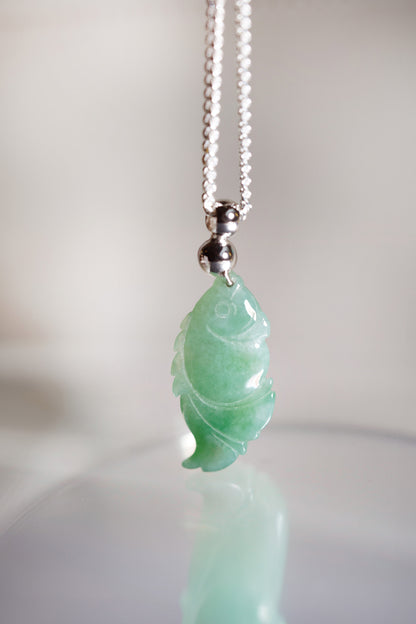 Carved Goldfish Pendant - Green Jadeite with 18K White Gold