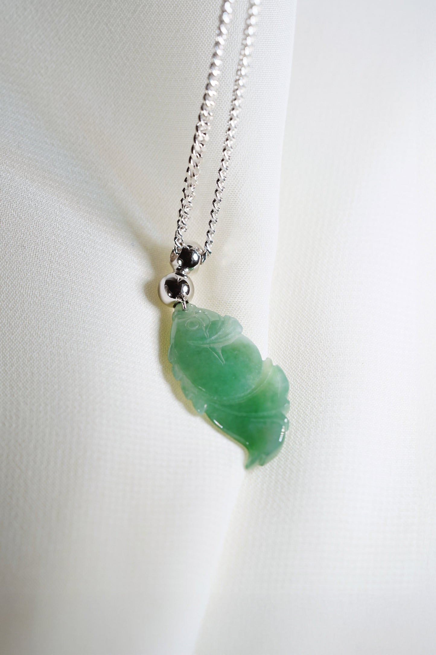 Carved Goldfish Pendant - Green Jadeite with 18K White Gold