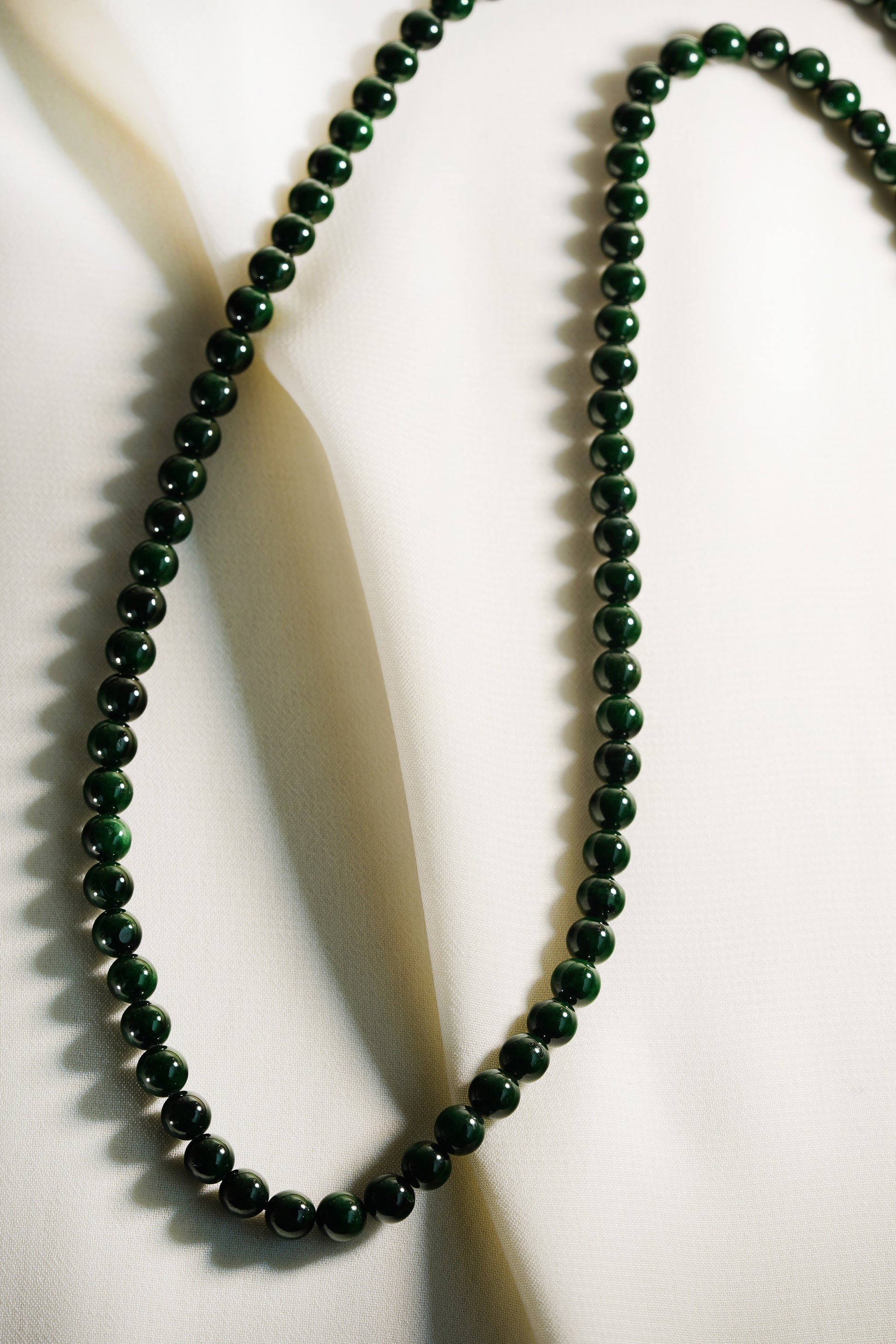 Intense Yellowish Green Jadeite Bead Necklace with Deep Green Patches
