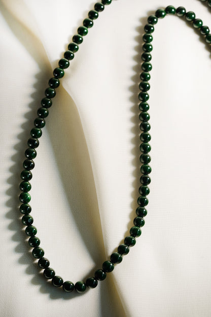 Intense Yellowish Green Jadeite Bead Necklace with Deep Green Patches