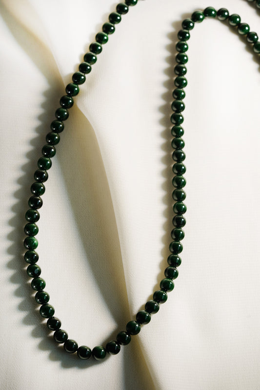 Intense Yellowish Green Jadeite Bead Necklace with Deep Green Patches