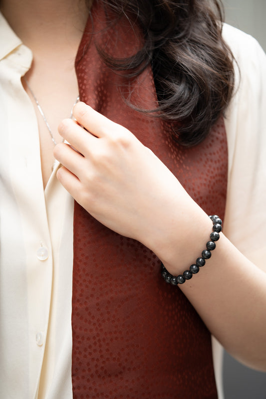 Black Jadeite Bead Bracelet with Grey patches