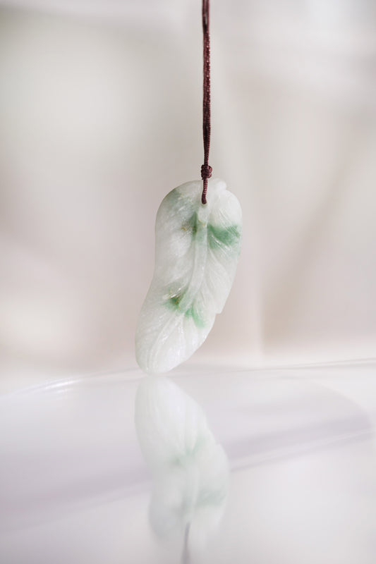 Carved Leaf White Jadeite Pendant with Medium Green patches