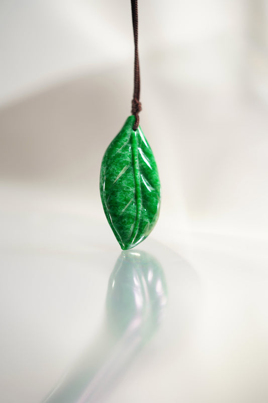 Carved Leaf Pendant in Intense Green Jadeite with Pale Green Patches