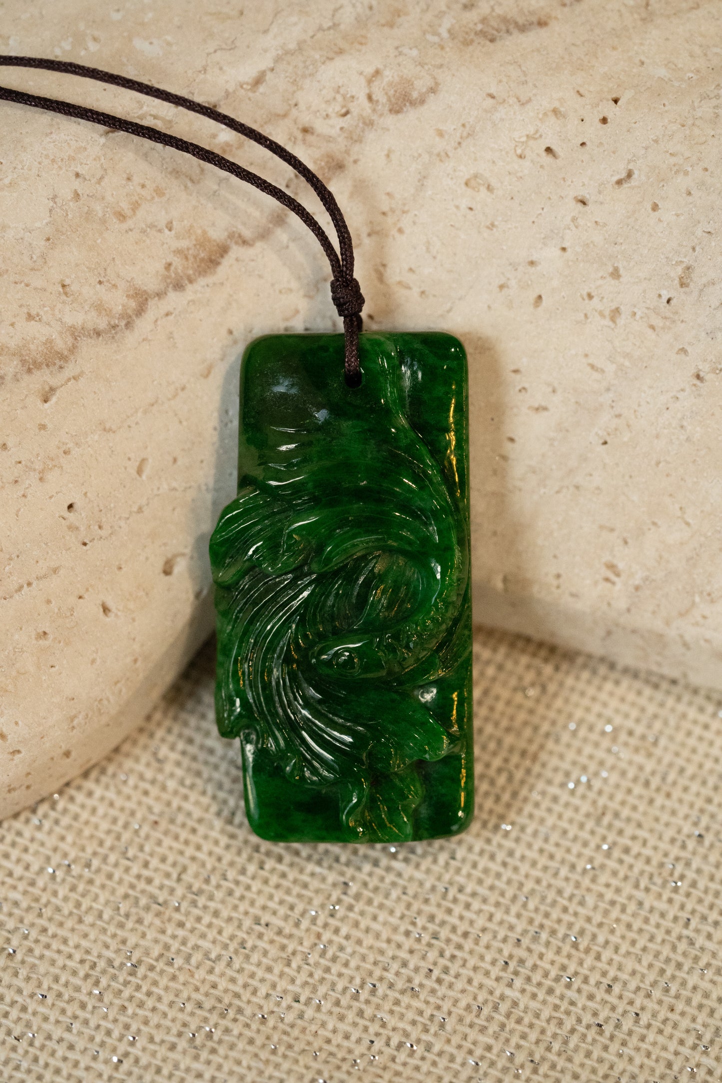 Intense Green Carved Goldfish Jadeite Pendant