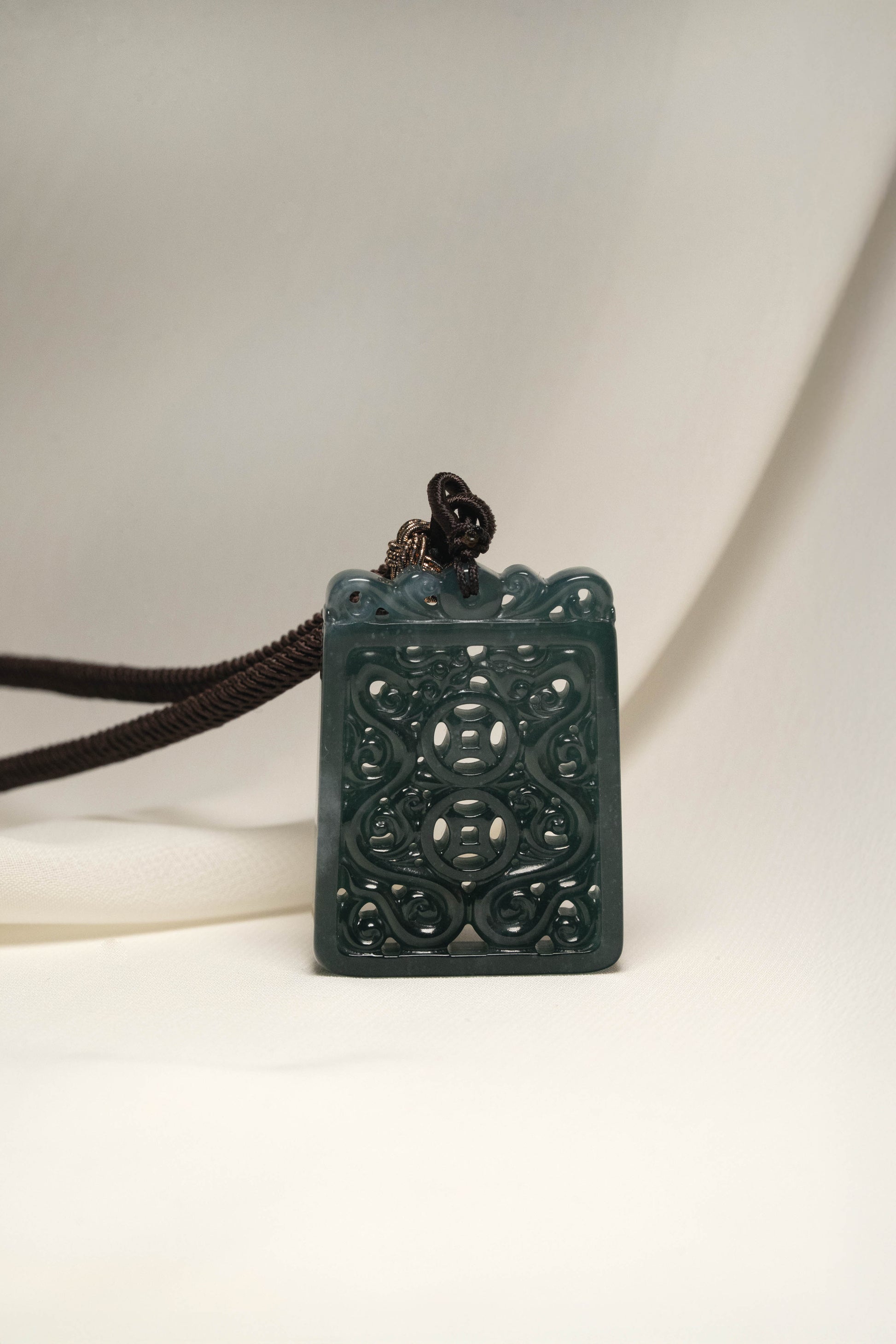 Intense Bluish Green Jadeite Pendant in Hollow out Two Coins and a pair of Dragon and Phoenix Pattern