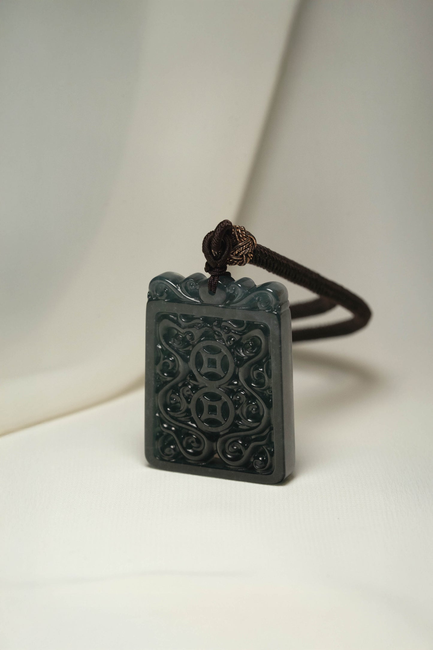 Intense Bluish Green Jadeite Pendant in Hollow out Two Coins and a pair of Dragon and Phoenix Pattern