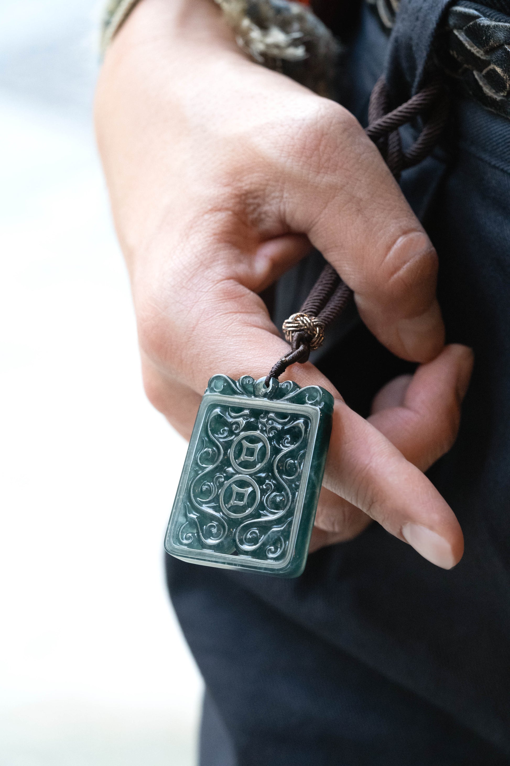 Intense Bluish Green Jadeite Pendant in Hollow out Two Coins and a pair of Dragon and Phoenix Pattern