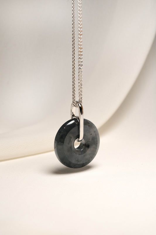 Grey Jadeite with Black patches Zen Doughnut Pendant with 14K White Gold Loop hangs on a 925 Silver Chain