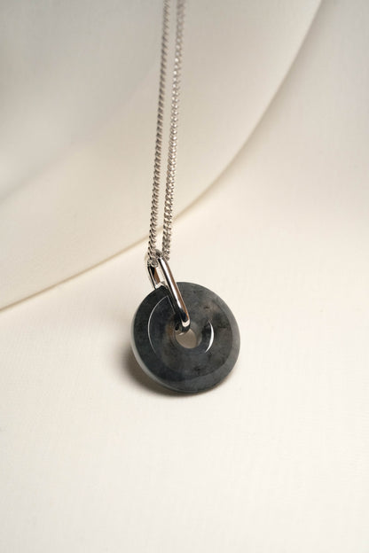 Grey Jadeite with Black patches Zen Doughnut Pendant with 14K White Gold Loop hangs on a 925 Silver Chain