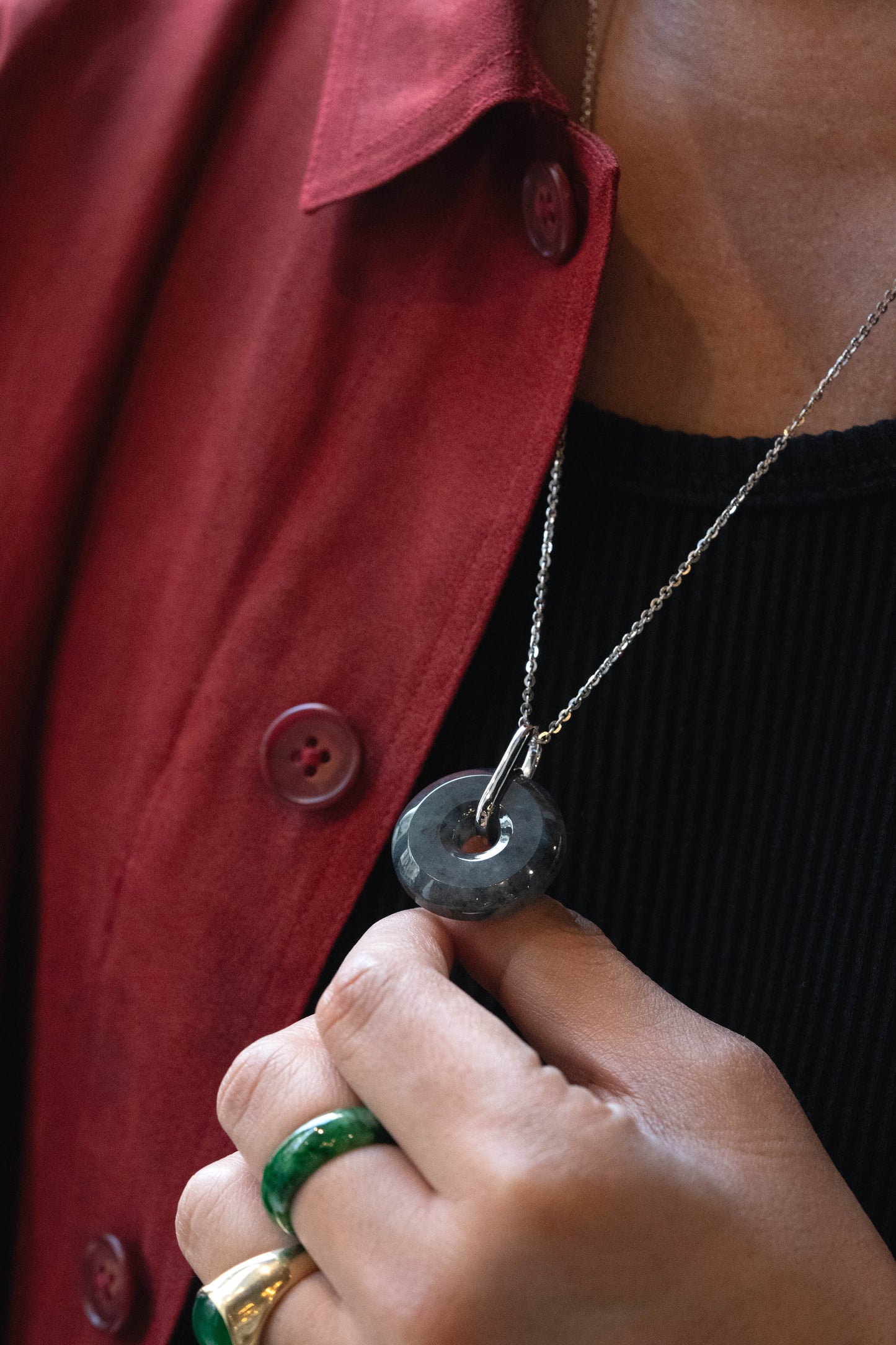 Grey Jadeite with Black patches Zen Doughnut Pendant with 14K White Gold Loop hangs on a 925 Silver Chain matches with a Red Silk Shirt 