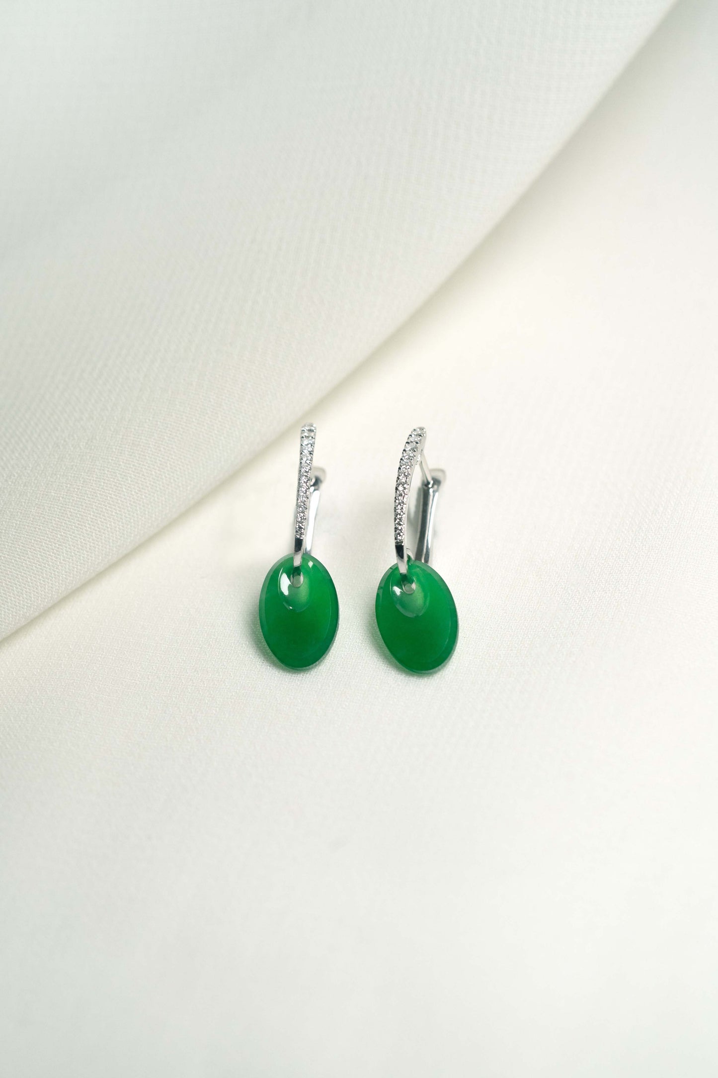 Bright Green Jadeite Earrings with Natural Diamonds and 18K White Gold