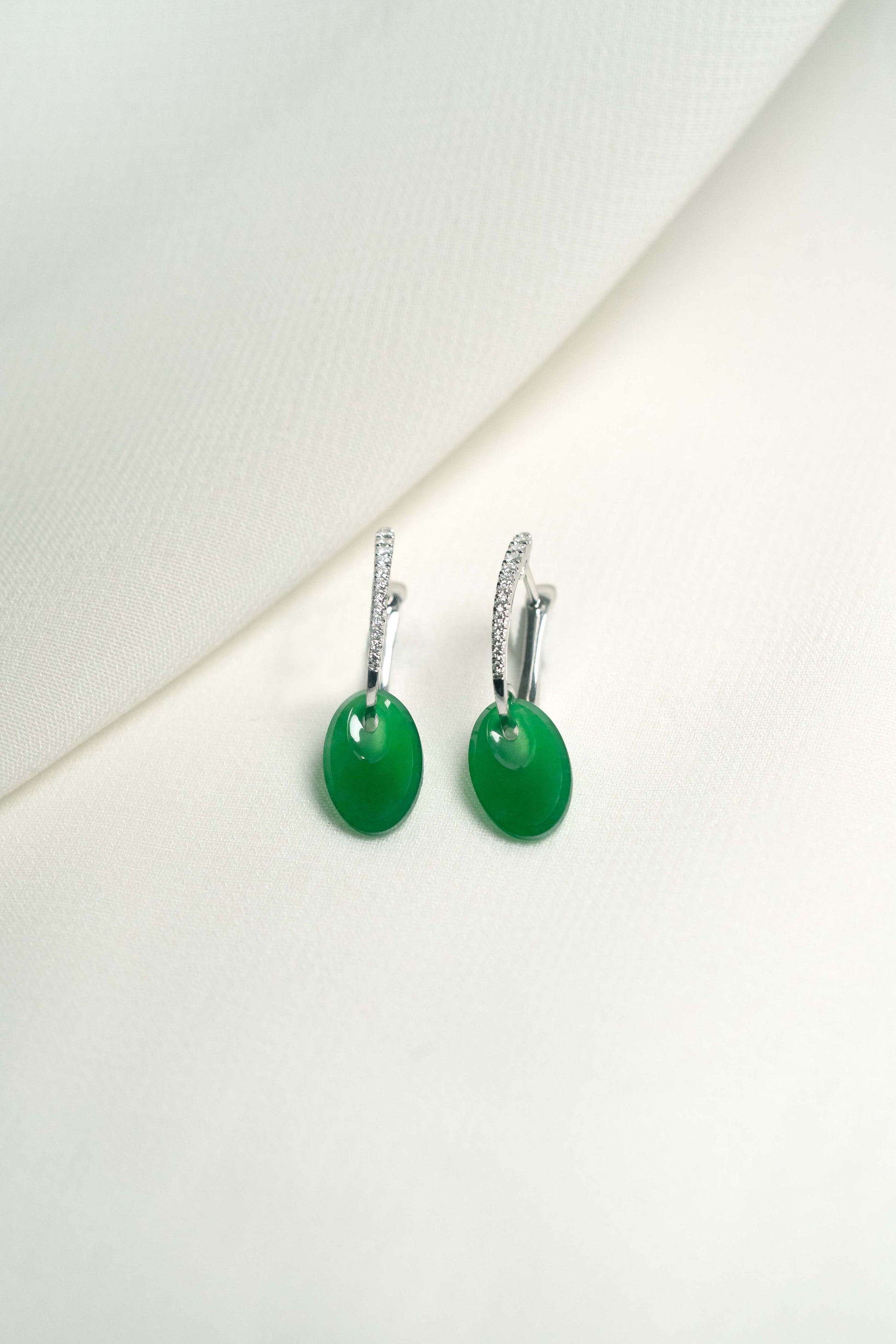 Bright Green Jadeite Earrings with Natural Diamonds and 18K White Gold