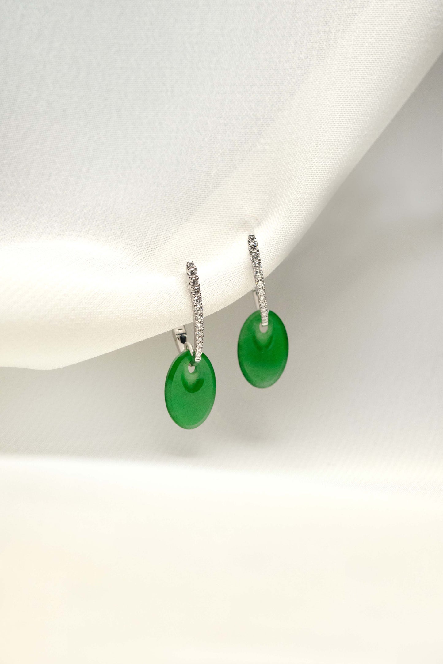 Bright Green Jadeite Earrings with Natural Diamonds and 18K White Gold