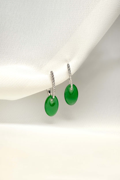 Bright Green Jadeite Earrings with Natural Diamonds and 18K White Gold