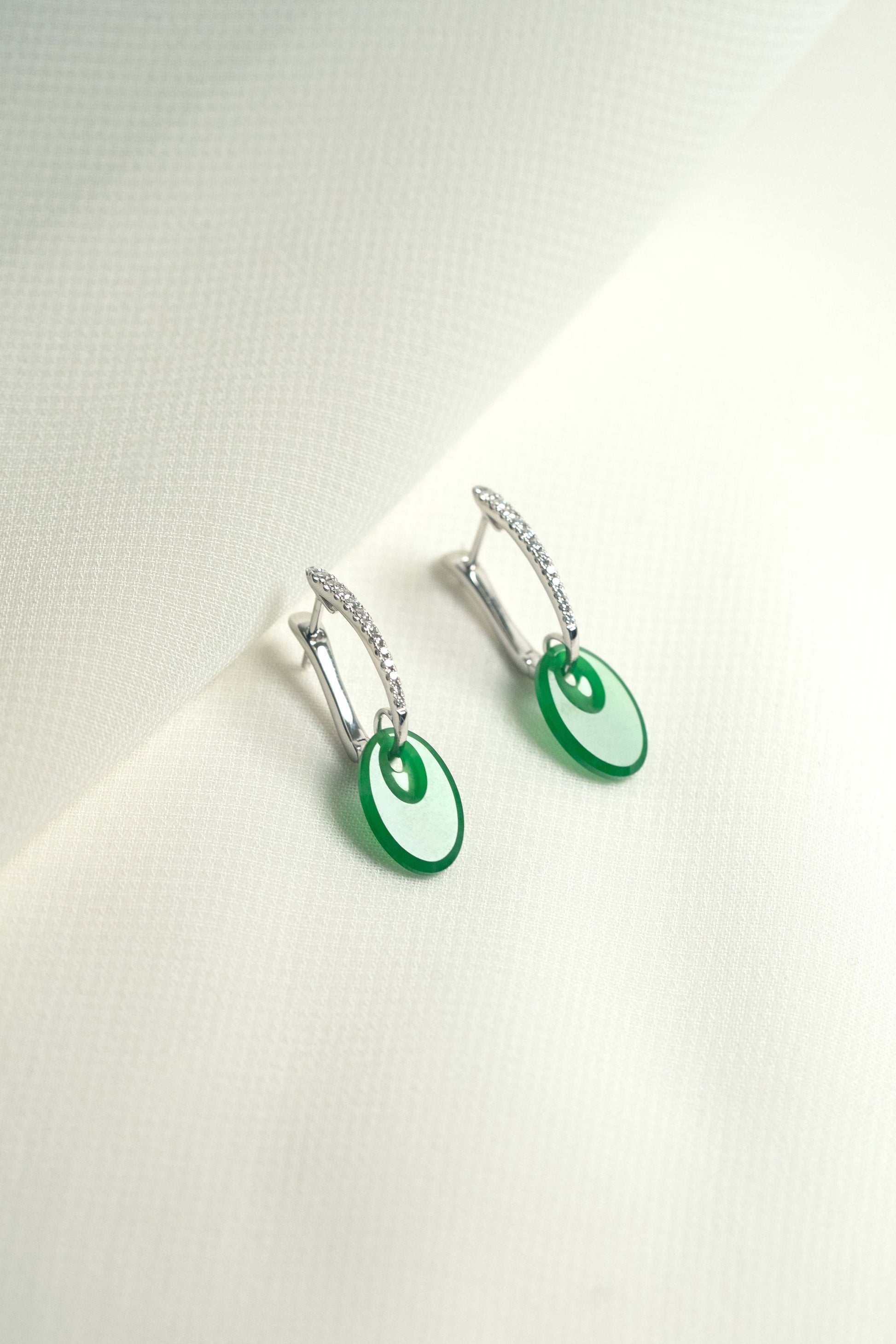Bright Green Jadeite Earrings with Natural Diamonds and 18K White Gold