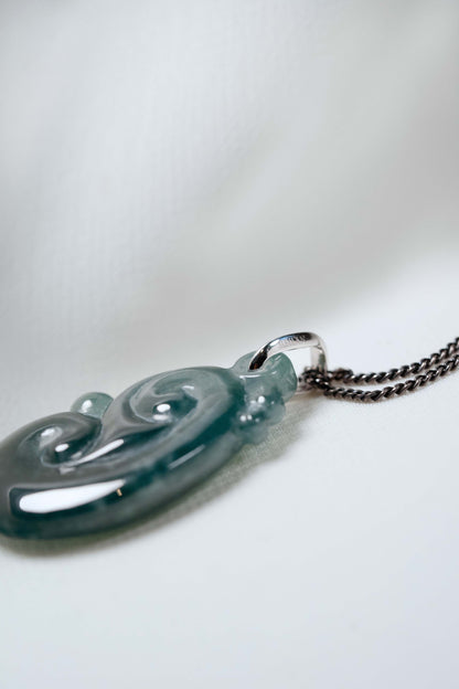 Prosperia - Bluish Green Jadeite with Platinum Hoop hung on a Black 925 Silver Chain