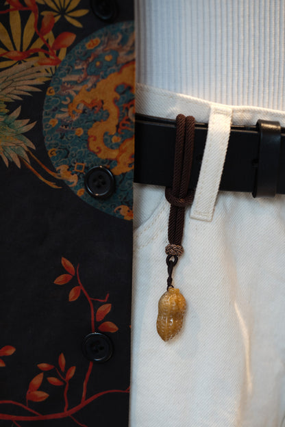 Brownish Yellow Carved Jadeite Peanut Belt Pendant in Small Size styles with Navy Short Sleeve Silk Shirt with Dragon Cloud 